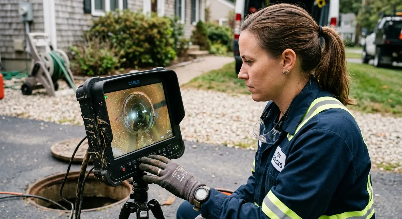 Technician reviewing sewer camera inspection footage in South Miami Heights