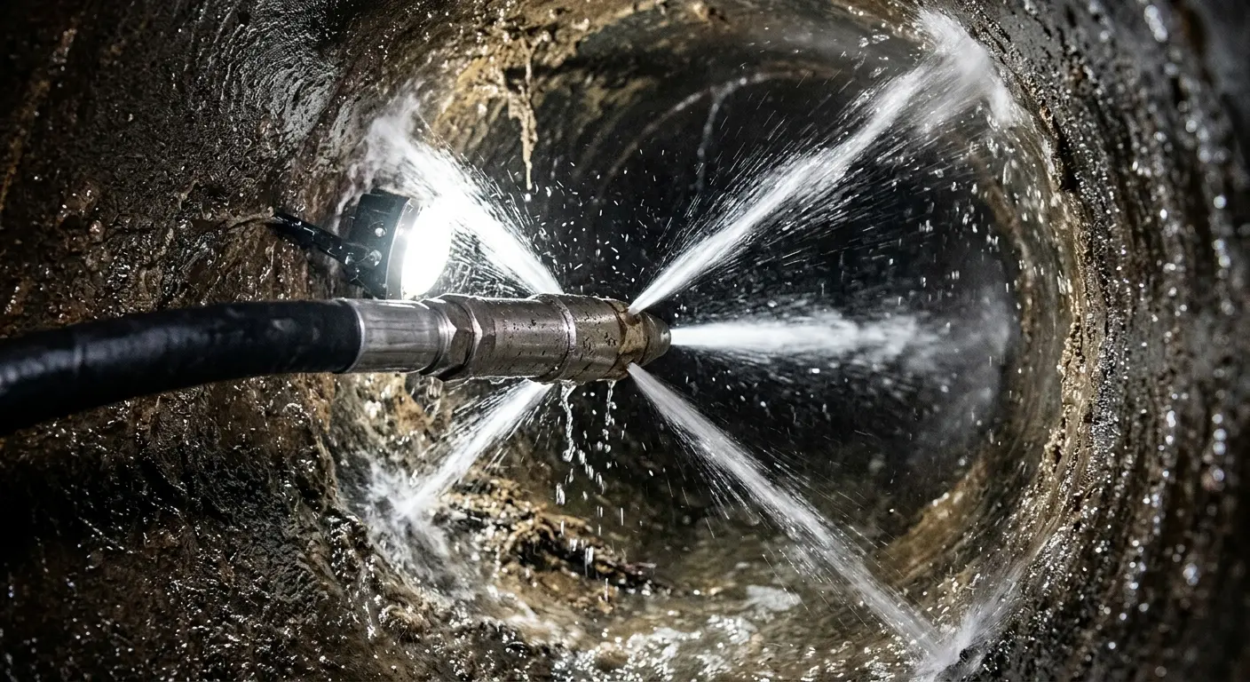 High-pressure hydro jetting nozzle cleaning sewer pipe for Trenchless Sewer Repair in South Miami Heights