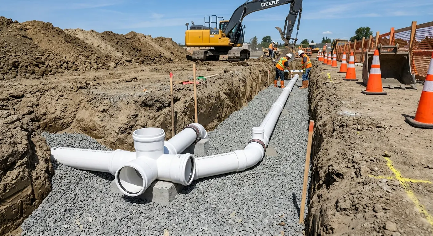 New PVC sewer pipe installation in open trench for Commercial Drain Cleaning in South Miami Heights