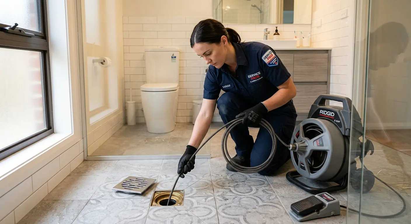 Technician clearing a bathroom floor drain for Drain Cleaning in South Miami Heights